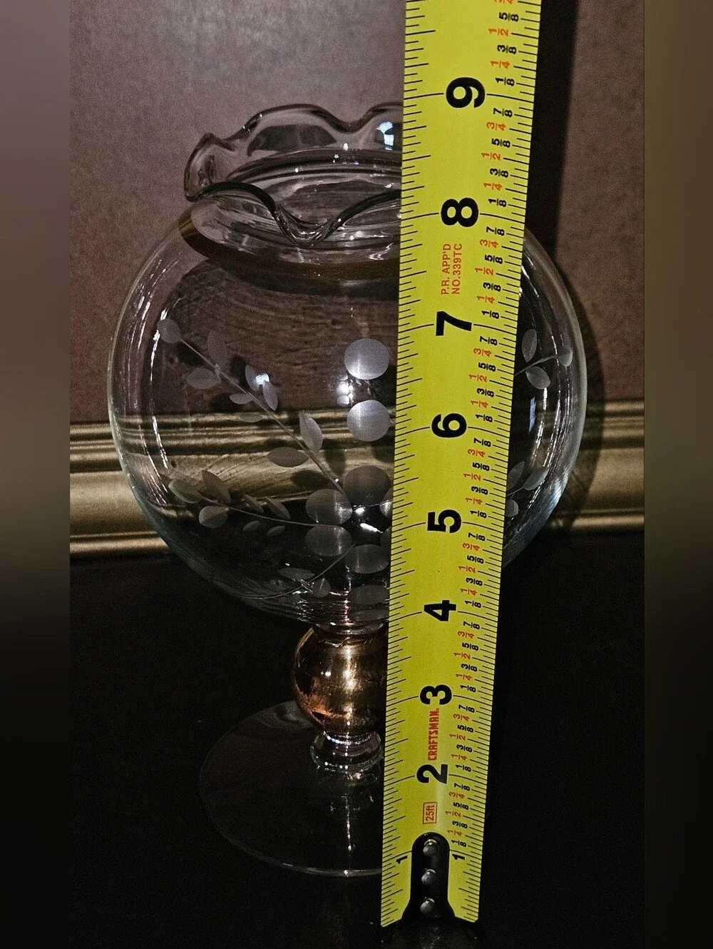Vintage Glass Rose Bowl Pedestal Vase with Etched Berries and Gold Accents
